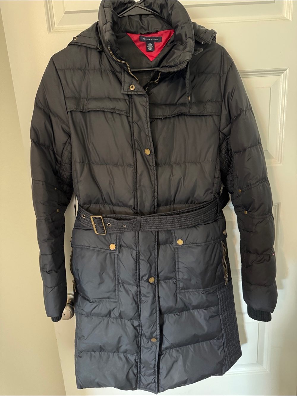 Tommy Hilfiger Black Quilted Belted Puffer Coat with Hood - Picture 1 of 3